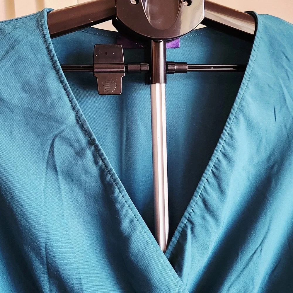 Madeline Sparklestein Teal V-Neck Ruffle‎ Hem Mini Dress Tie Cuff Long Sleeve L